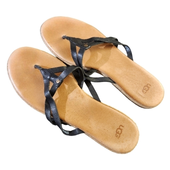 UGG Women's Annice Flip Flop BlackLeather and Jute Size 10 - Picture 3 of 12